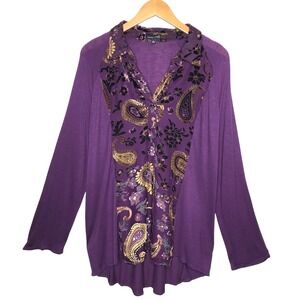 Rxb Purple Paisley Velvet Burnout‎ Long Sleeve Shirt Top XL Boho Fall Fashion